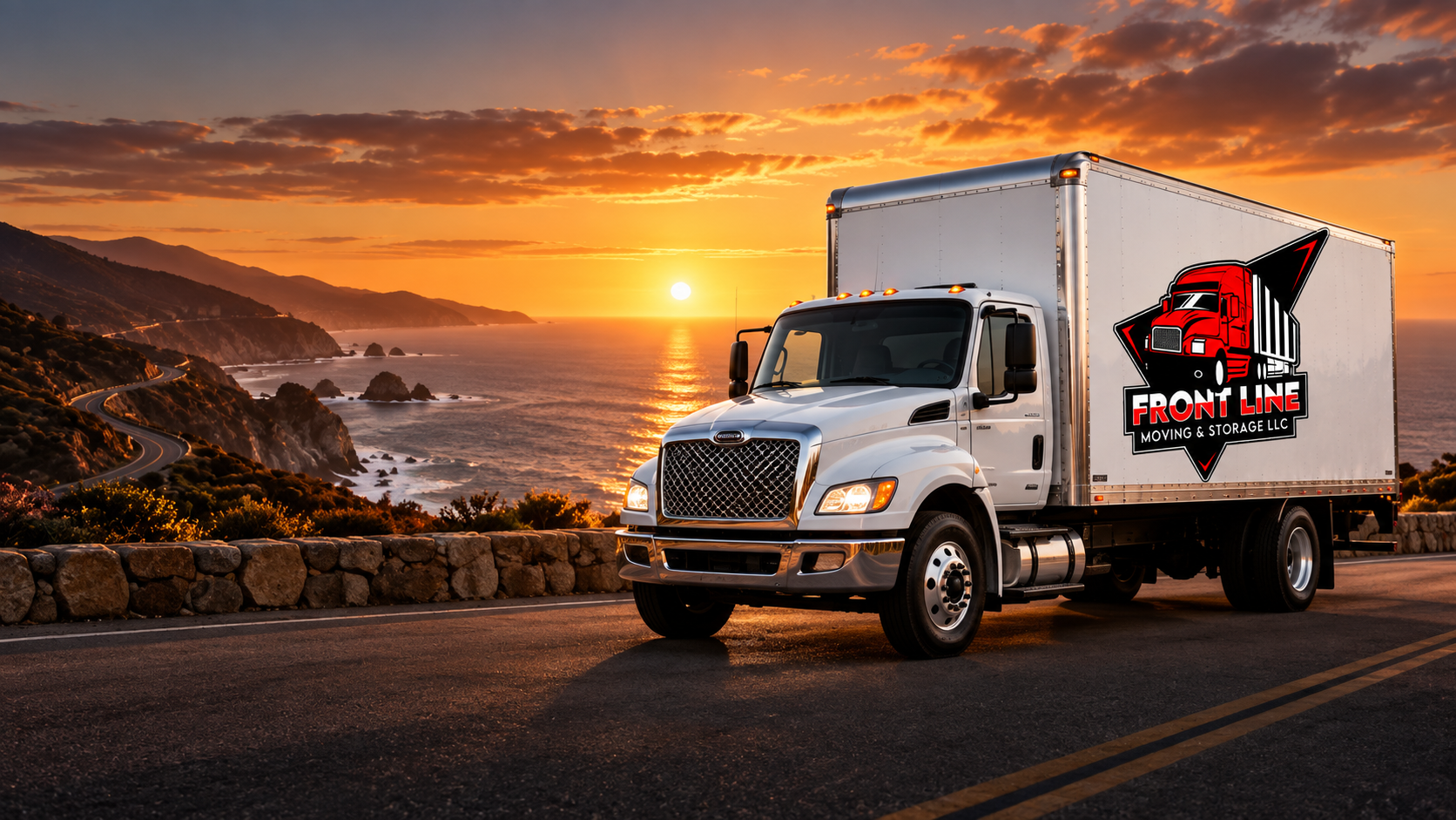Front Line Moving truck on a California coastal route