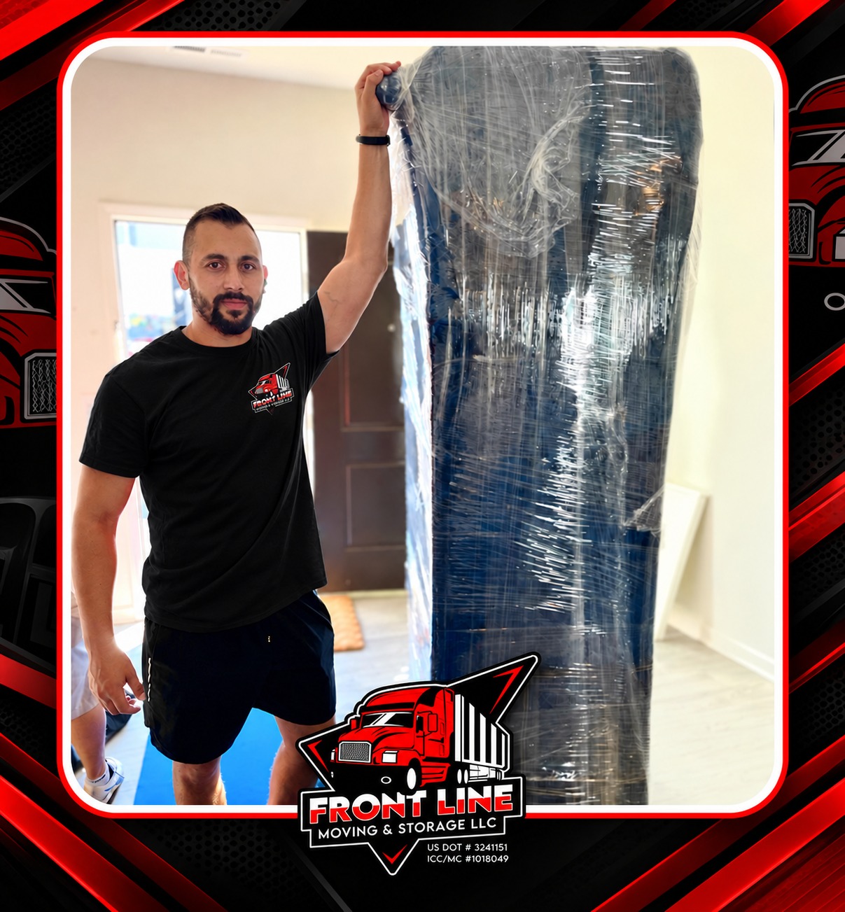 Front Line mover beside professionally wrapped furniture