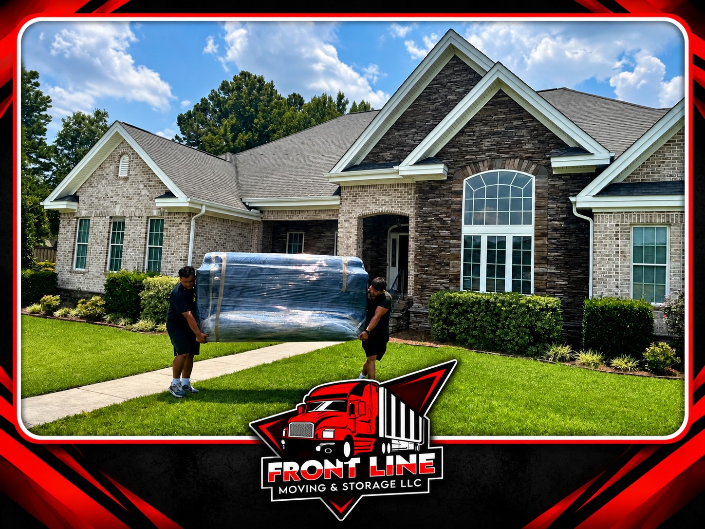 Two Front Line movers carrying protected furniture from a home